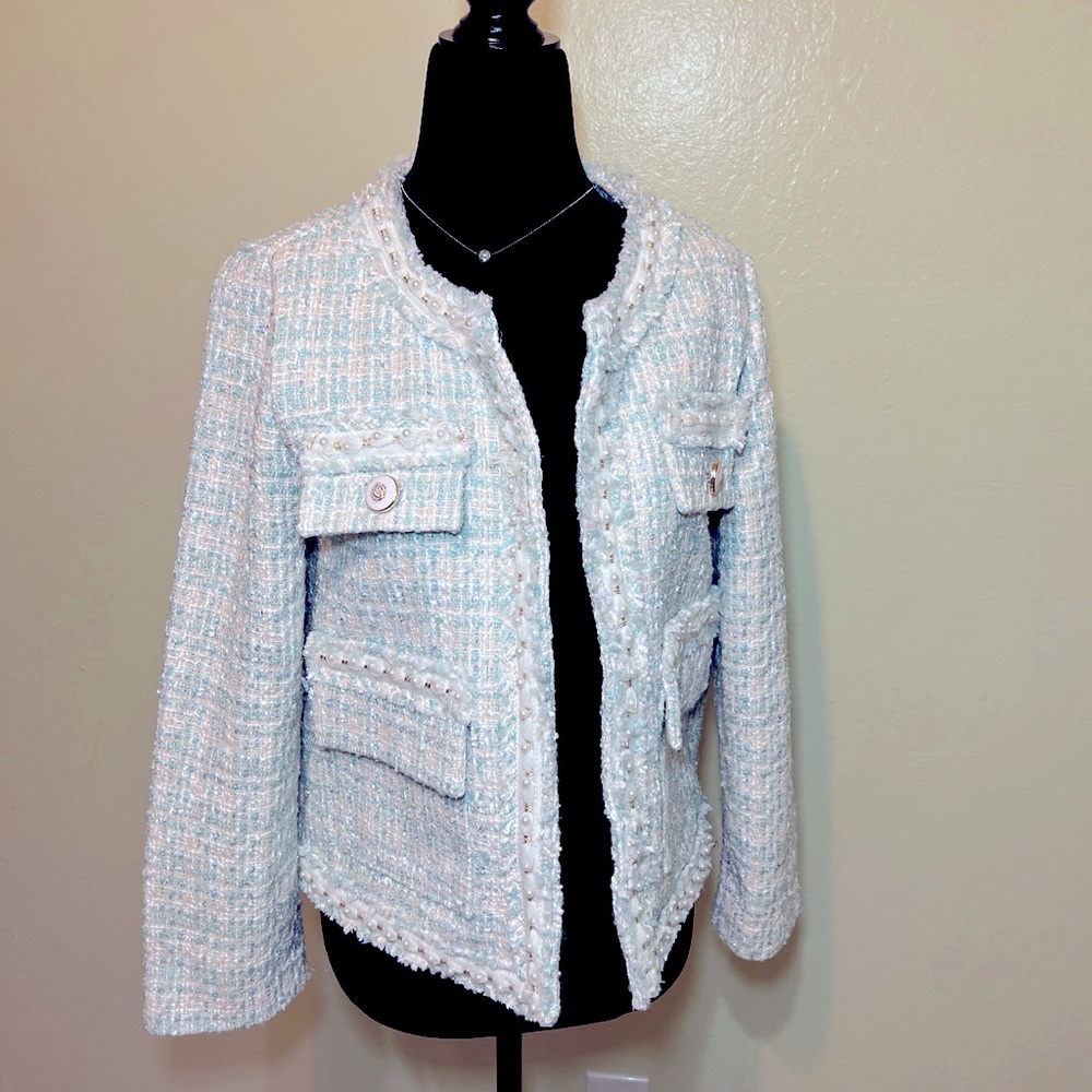 Mint Tweed Pearls Blazer